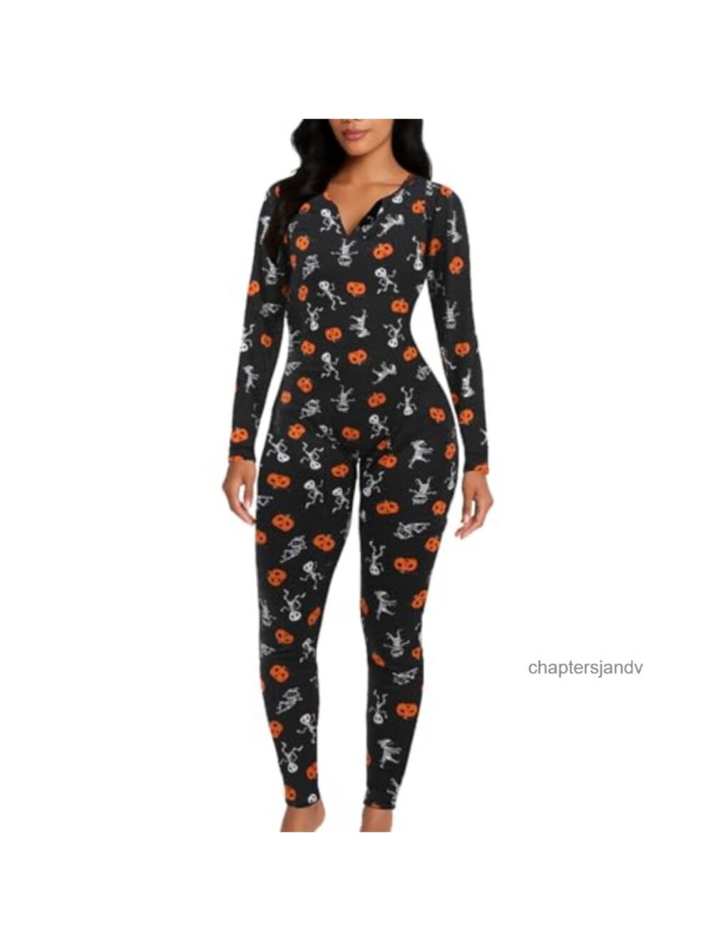 Women's Halloween Onesie Pajamas Sexy Bodycon V-Neck Button Down Long Sleeve